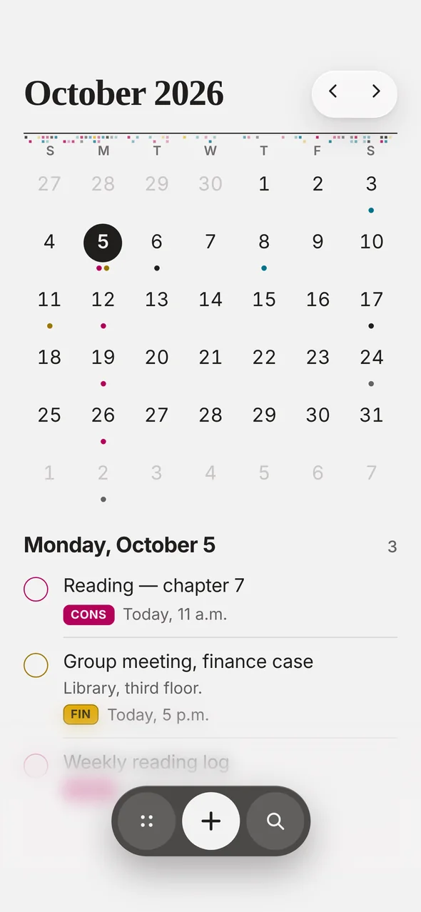 The month calendar with the day's reminders below.