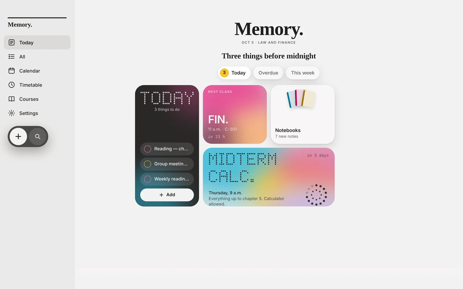 Memory's front page on a Windows computer: today's reminders, the next class and a countdown to the midterm.