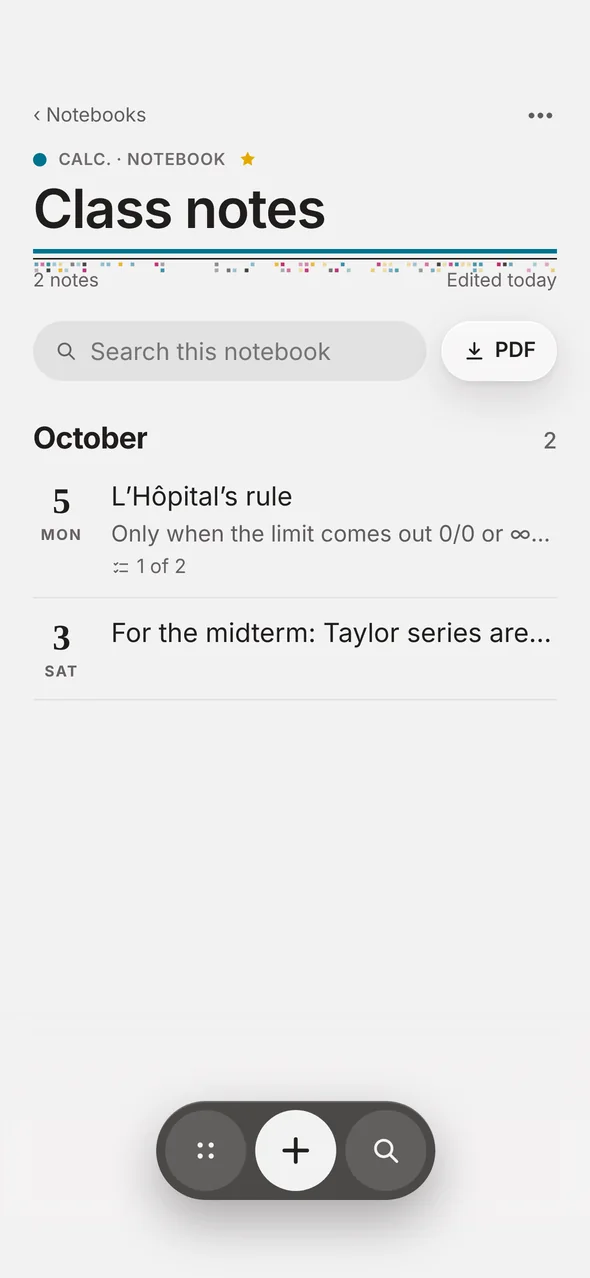 A notebook's notes by date, with a PDF button.