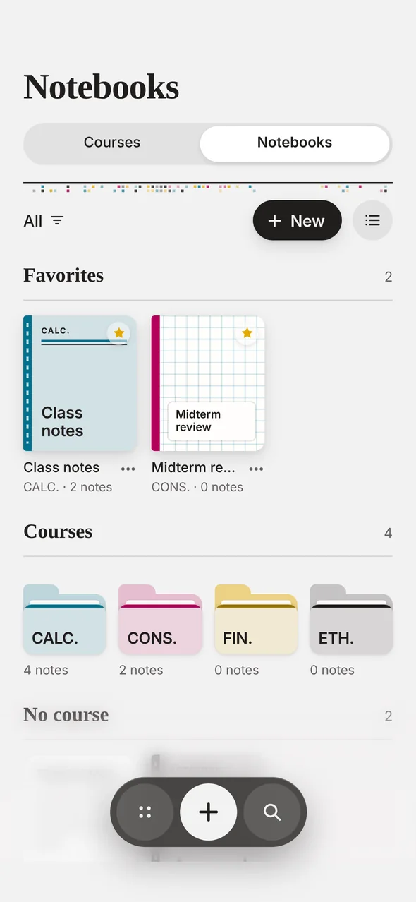 The notebook shelf: favorites and one folder per course.