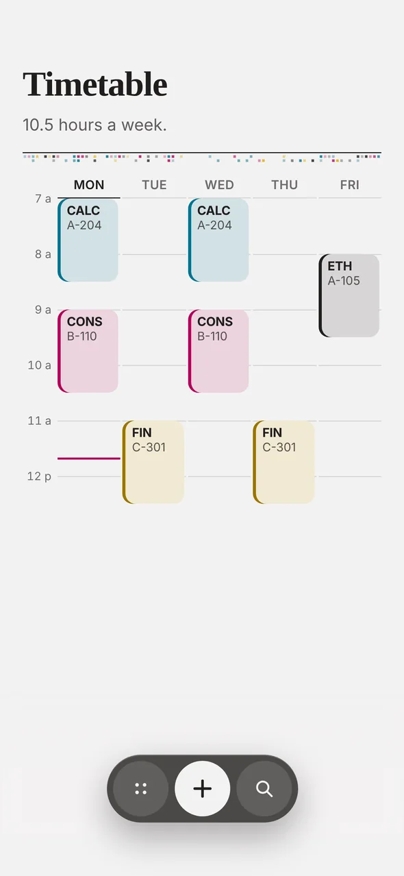 The weekly timetable with each class in its own ink.